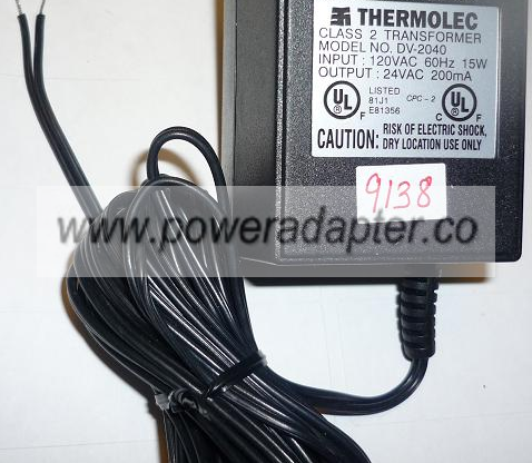THERMOLEC DV-2040 AC ADAPTER 24VAC 200mA USED ~(~) SHIELDED WIRE THERMOLEC DV-2040 AC ADAPTER 24VAC 200mA USED ~(~) SHIELDED WIRE